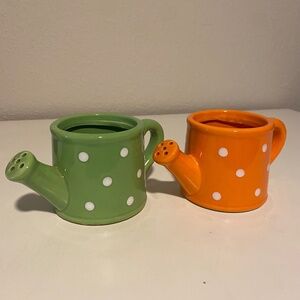 Mini Planters - Green and Orange Polka Dot Watering Can Ceramic Planters